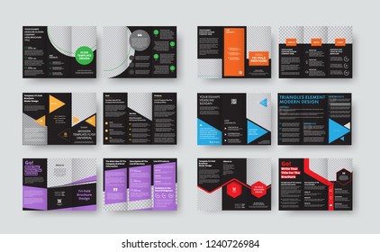 Set of vector black templates for tri-fold brochures with space for photos and various geomteric forms. Folding flyer design for business and advertising