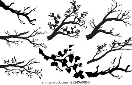 A set of vector black tree branches with and without leaves on a white background, tree branch silhouettes set isolated on white, bare branches vector illustrations 