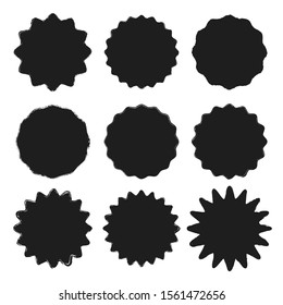 Set of vector black wavy grunge stickers with uneven rough edges isolated on white background. Blank circle templates with place for text for the design of banners, flyers, brochures, websites, cards