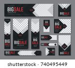 set of vector  black web banners of standard sizes for sale with a place for photos. Vertical and horizontal templates with arrows and a diamond-shaped button.