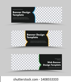 Set of vector black web banners with place for photo and arrow shape with color line. Design templates of standard size.