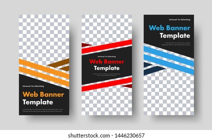 Set of vector black web banners templates with diagonal color lines and place for photo. Design for business and advertising.