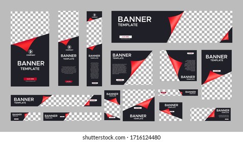 set of vector black web banners of standard sizes for sale with a place for photos. Vertical and horizontal templates with red folding shaped.