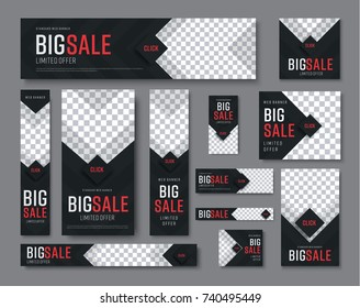 set of vector  black web banners of standard sizes for sale with a place for photos. Vertical and horizontal templates with arrows and a diamond-shaped button.