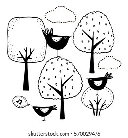 Set of vector black and white birds