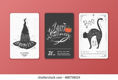 Set of vector black and white cards for Halloween. It can be used for invitation to a party, holiday flyer.