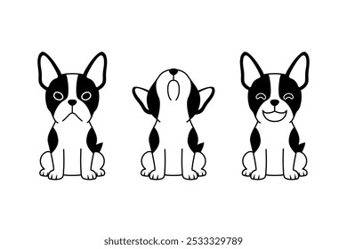 Set of vector black and white cartoon character boston terrier dog for design.