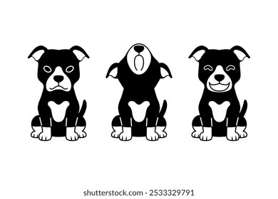 Set of vector black and white cartoon character pit bull terrier dog for design.