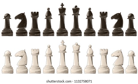 Set of vector black and white chess pieces with elements graphic arts sketch.