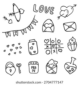 Un conjunto de ilustraciones de Vector garabato blanco y negro para el día de San Valentín sobre un fondo blanco.