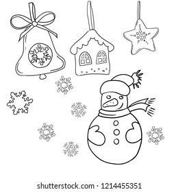 Set of vector black and white drawings on the theme of the celebration of Christmas and New Year
