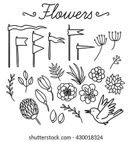 Set of vector black and white elements for party and Birthday isolated on white background. Vector cute elements for party, wedding, Birthday, postcards, invitations and other.