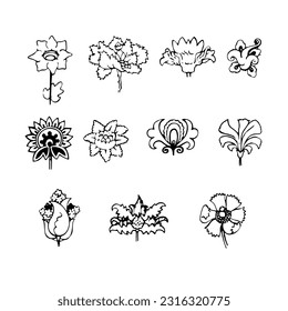 Set of vector black and white flowers. Made in the style of a tattoo. Can be used for t-shirt print design.