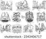 Set of Vector black and white hand drawings. Typical parisain landmarks, house, cafe and lanterns, Paris, France.