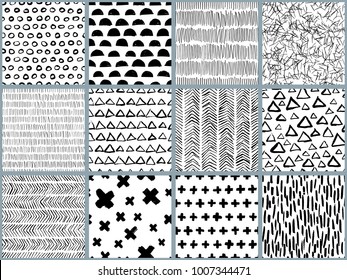 Set of vector black white hand drawn seamless pattern. Abstract watercolor, ink and marker texture and background. Trendy scandinavian design concept for fashion textile print, wrapping or packaging.