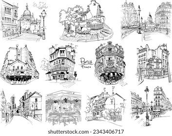Set of Vector black and white hand drawings. Typical parisain landmarks, house, cafe and lanterns, Paris, France.