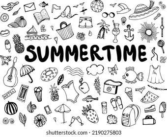 A set of vector black and white hand-drawn elements on the theme of summer. Icons, templates, sketch, design. Sun, sea, fruits, food, drinks, trip, outdoor activities, swimming, beach.