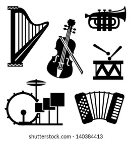 set vector black and white icons of musical tools