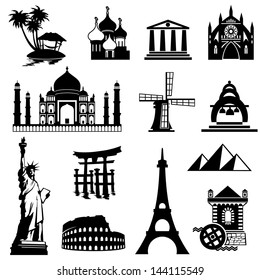 set vector black and white icons of landmarks