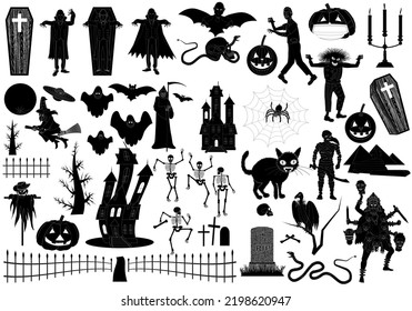 Set of vector black and white icons of Halloween isolated on white background