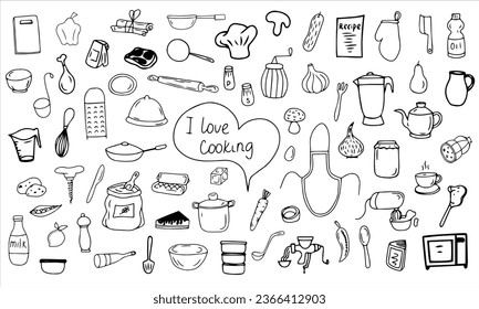 Un conjunto de iconos vectoriales en blanco y negro. El concepto de cocina Doodles dibujados a mano. Icono, plantilla, clipart, esbozo. Cocina, comida, platos, productos, herramientas.