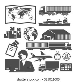 Set of vector black and white icons on the theme of logistics, freight, trucking, warehouses, storage of goods, insurance.