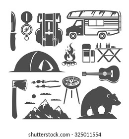 Set of vector black and white icons on the theme of camping, tour, hike in the woods, the outdoors, adventure, wildlife, trekking, relaxing with friends.