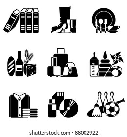 set vector black and white icons of goods and wares in supermarket