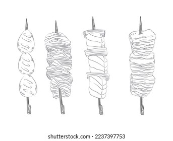 Establecer. Ilustración vectorial en blanco y negro de un kebab japonés sobre un brocheta. fondo de pantalla de cocina asiática para menú, empaque, café, restaurante.