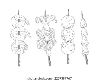 Establecer. Ilustración vectorial en blanco y negro de un kebab japonés sobre un brocheta. fondo de pantalla de cocina asiática para menú, empaque, café, restaurante.