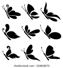 Set of vector black and white  illustration of insect. Butterfly isolated on the white background. Hand drawn decorative graphic vector logo, icon, sign, symbol, illustration