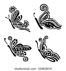 Set of vector black and white  illustration of insect. Butterfly isolated on the white background. Hand drawn decorative graphic vector logo, icon, sign, symbol, illustration, tattoo