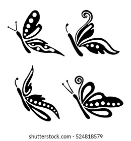 Set of vector black and white  illustration of insect. Butterfly isolated on the white background. Hand drawn decorative graphic vector logo, icon, sign, symbol, illustration, tattoo
