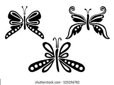 Set of vector black and white  illustration of insect. Butterfly isolated on the white background. Hand drawn decorative graphic vector logo, icon, sign, symbol, illustration, tattoo
