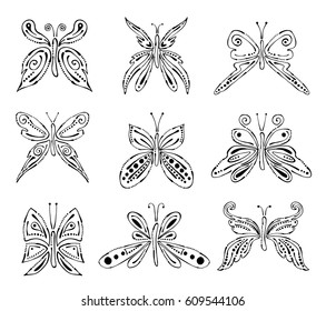 Set of vector black and white illustration of insect. Butterflies isolated on the white background. Hand drawn graphic illustration. Line drawing