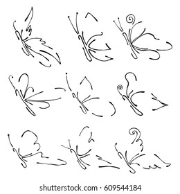 Set of vector black and white illustration of insect. Butterflies isolated on the white background. Hand drawn graphic illustration. Line drawing