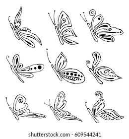 Set of vector black and white illustration of insect. Butterflies isolated on the white background. Hand drawn graphic illustration. Line drawing