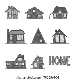 set of Vector black and white illustration of cool detailed house icon isolated on white background