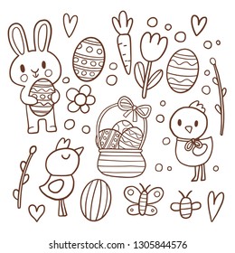 Set of vector black and white illustrations in easter style coloring book. Outline characters and elements.