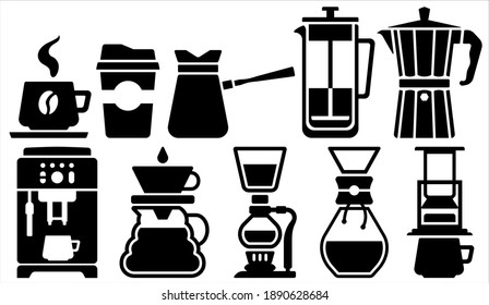 Set of vector black and white illustrations: methods of making coffee