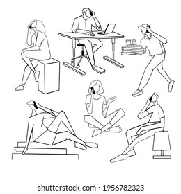 Set vector black and white illustrations of geometric people talking on the phones. Logos, icons for design.
