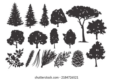 Set of vector black and white illustrations trees 
