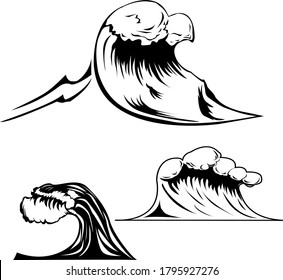 
set of vector black and white images of sea waves