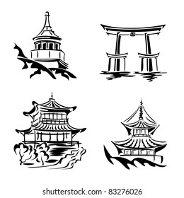 set vector black and white images asian temples and architecture