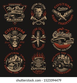 Set of vector black and white logos or shirt designs in vintage style for transportation theme on the dark background
