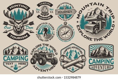 Set of vector black and white logos for the camping theme. Perfect for posters, apparel, T-shirt design and many other. Layered