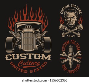 Set of vector black and white logos or shirt designs in vintage style for transportation theme on the dark background 