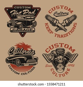 Conjunto de logos vectoriales en blanco y negro o diseños de pantalones en estilo vintage para el tema del transporte en el fondo oscuro. Perfecto para carteles, ropa, diseño de pantalones T y muchos otros. En capas