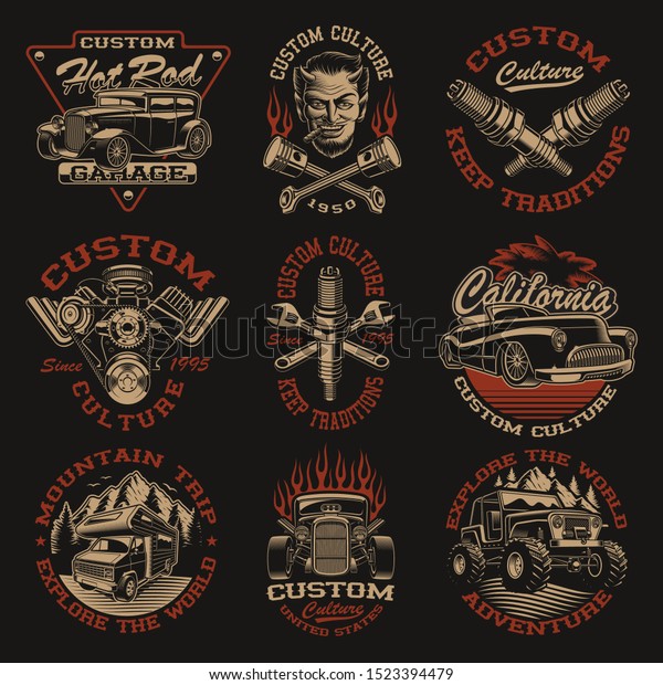 Set of\
vector black and white logos or shirt designs in vintage style for\
transportation theme on the dark\
background