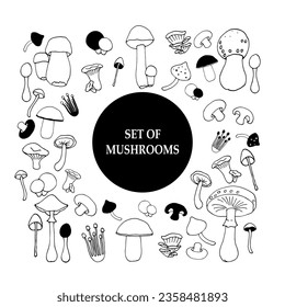 set of vector black and white mushrooms in cartoon style